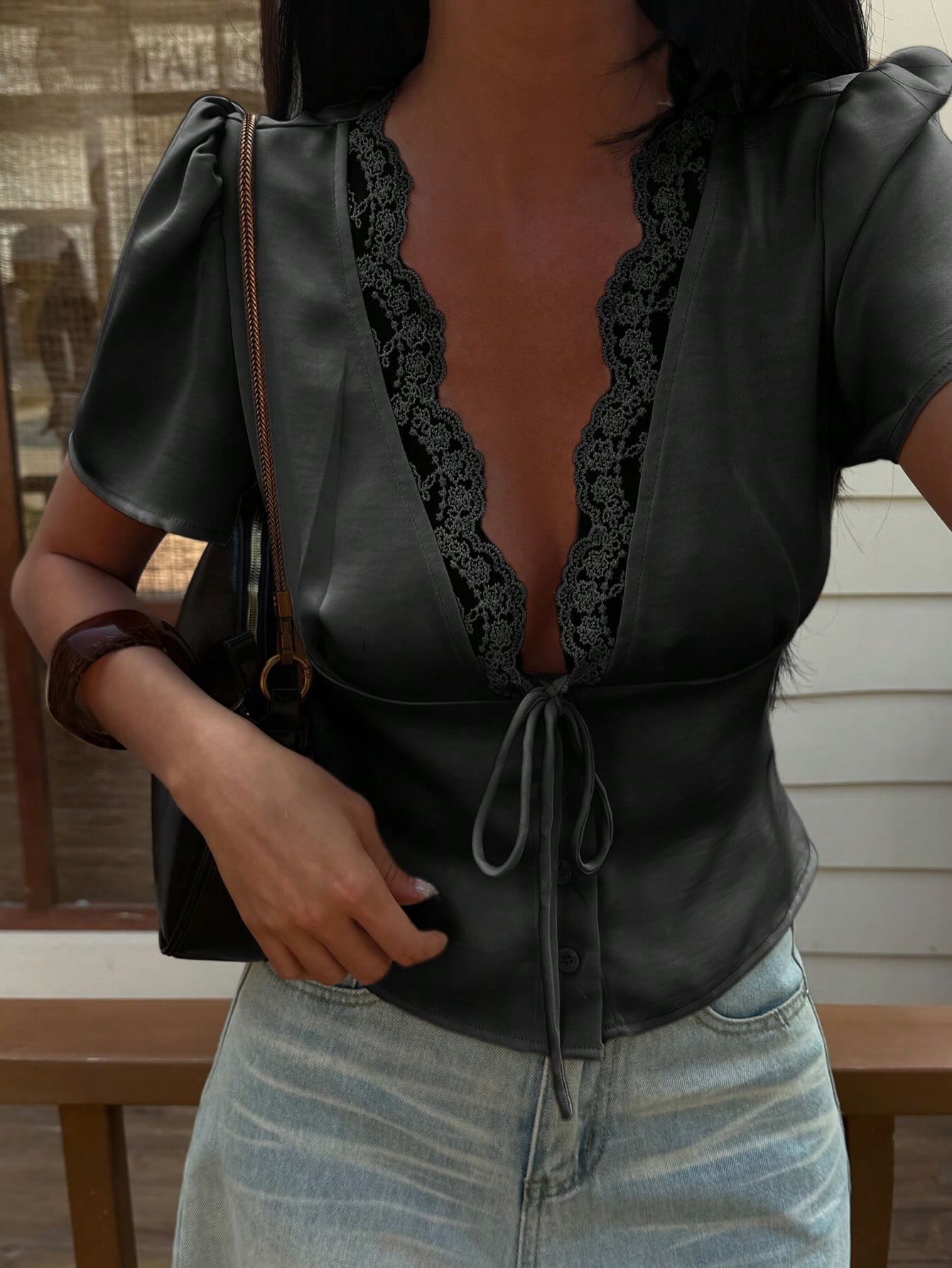Nika | Dames Blouse - Satijn Met Kanten Detail, Luxe Comfort 7