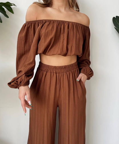 Chaunte | Tweedelige Zomer Set Dames - Off-Shoulder Crop Top & Wijde Broek