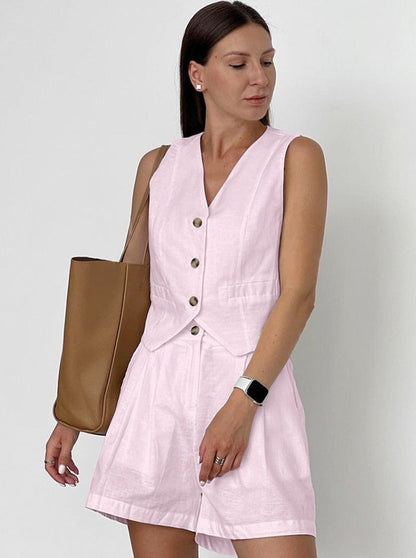 Josa | Linnen Tweedelige Set Dames – Blouse met Knoopsluiting & Korte Broek