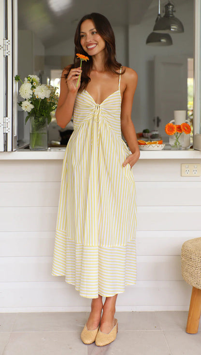 Lorda | Gestreepte Midi Zomerjurk met V-hals en Knoopdetail