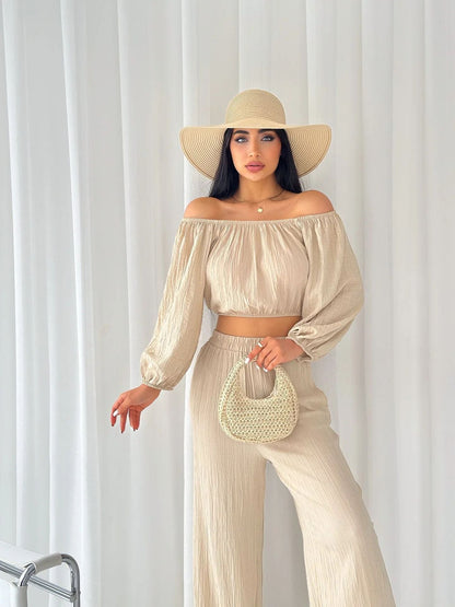 Chaunte | Tweedelige Zomer Set Dames - Off-Shoulder Crop Top & Wijde Broek