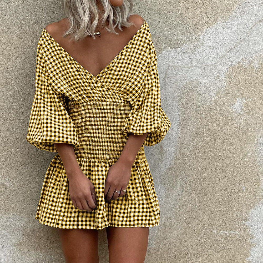 Raina | Mini Jurk met Ruitpatroon, V-Hals & Pofmouwen