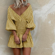 Raina | Mini Jurk met Ruitpatroon, V-Hals & Pofmouwen