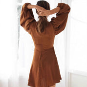 Pancha | Mini Jurk A-Lijn met V-Hals - Pofmouwen & Strik