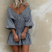 Raina | Mini Jurk met Ruitpatroon, V-Hals & Pofmouwen