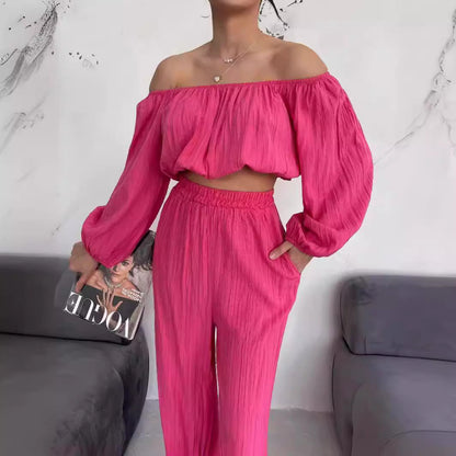 Chaunte | Tweedelige Zomer Set Dames - Off-Shoulder Crop Top & Wijde Broek