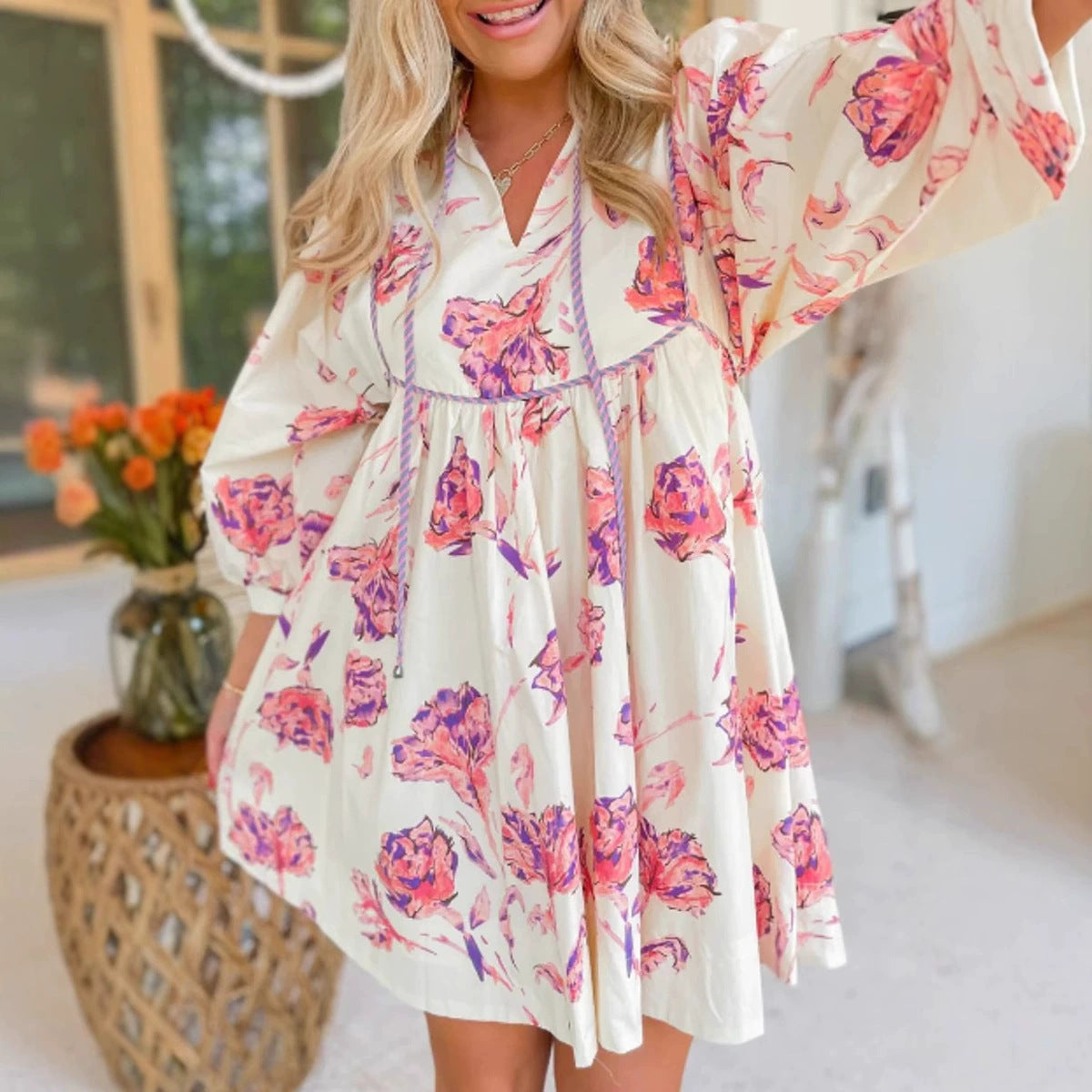 Dylana | Luchtige V-Hals Zomerjurk met Pofmouwen en Print