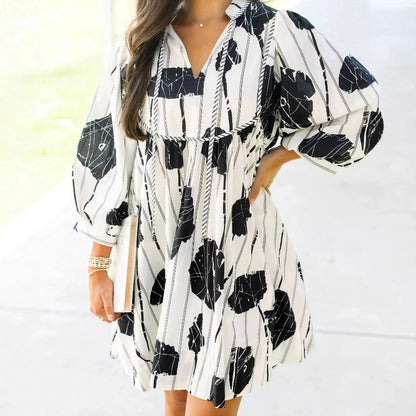 Dylana | Luchtige V-Hals Zomerjurk met Pofmouwen en Print