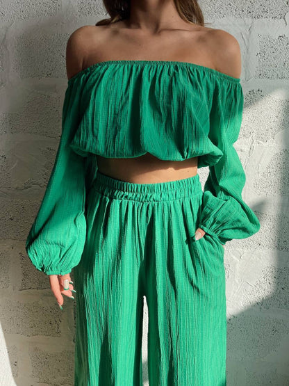 Chaunte | Tweedelige Zomer Set Dames - Off-Shoulder Crop Top & Wijde Broek