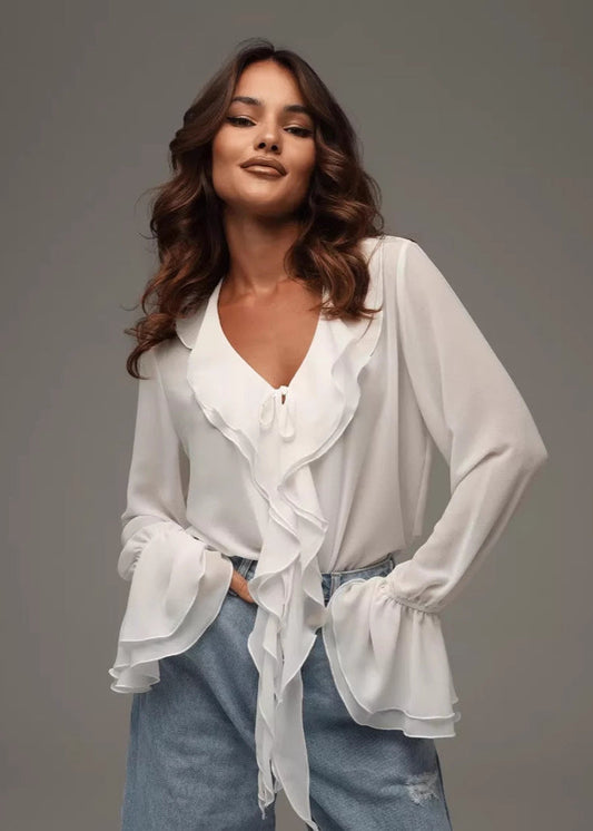 Zhoe | Dames Blouse van Chiffon met Ruches en V-hals – Elegant en luchtig
