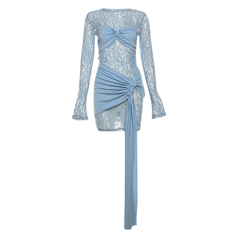 Jamie | Blauwe Kanten One-Shoulder Jurk