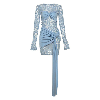 Jamie | Blauwe Kanten One-Shoulder Jurk