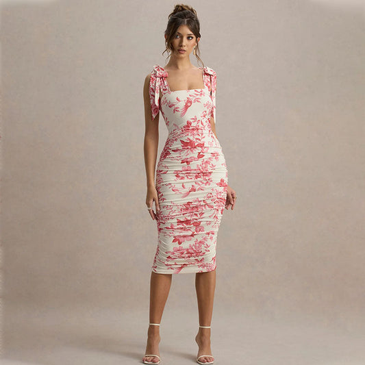 Lissa | Slim Fit Bodycon Midi Jurk met Bloemenprint