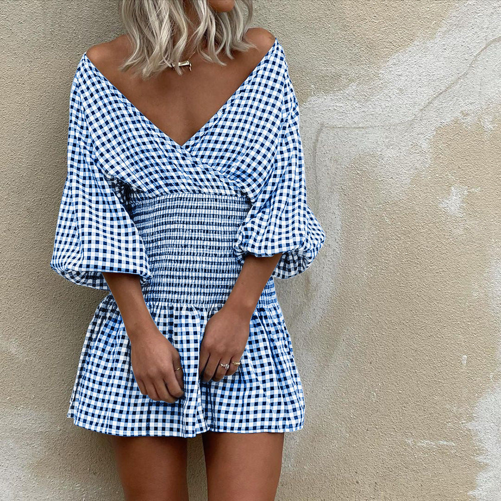 Raina | Mini Jurk met Ruitpatroon, V-Hals & Pofmouwen