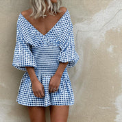 Raina | Mini Jurk met Ruitpatroon, V-Hals & Pofmouwen