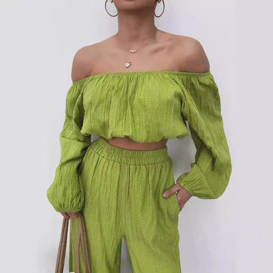 Chaunte | Tweedelige Zomer Set Dames - Off-Shoulder Crop Top & Wijde Broek