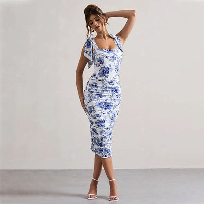 Lissa | Slim Fit Bodycon Midi Jurk met Bloemenprint