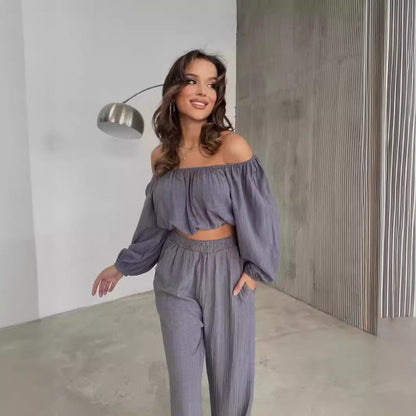 Chaunte | Tweedelige Zomer Set Dames - Off-Shoulder Crop Top & Wijde Broek