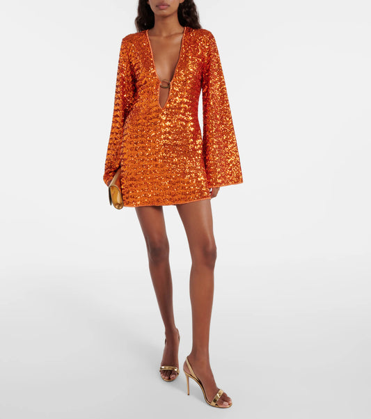 Valerie | Glitter Mini Jurk - V-hals & Wijde Mouwen
