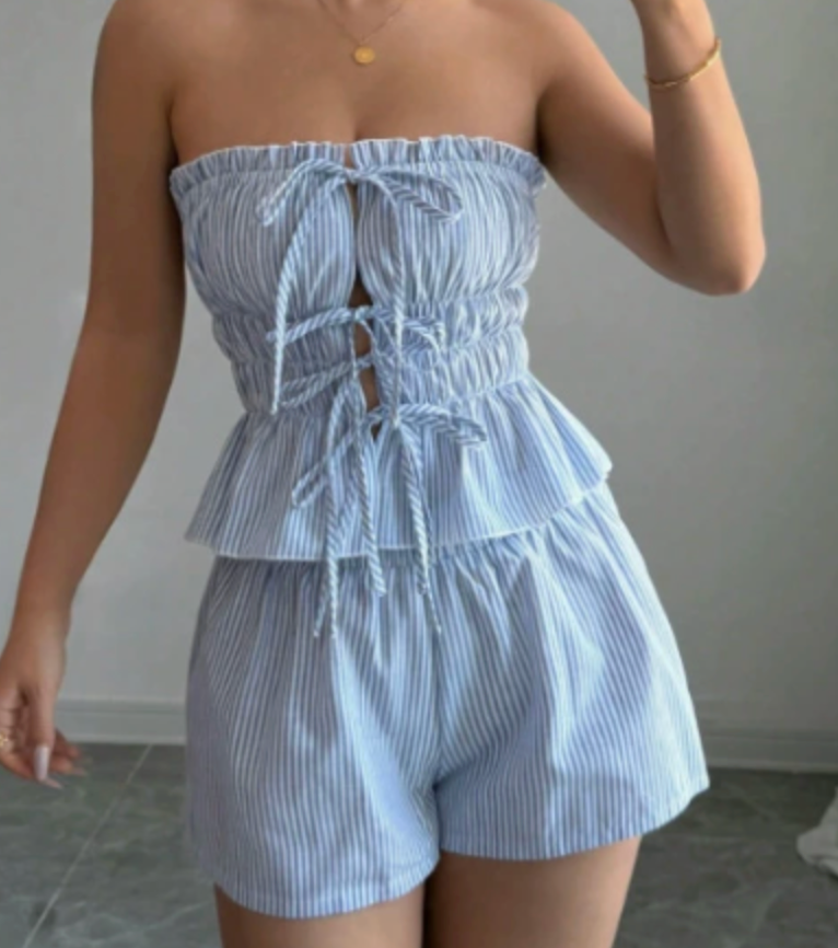 Rina | Stijlvolle Dames Set - Striped Top en Hoge Taille Broekje met Ruches