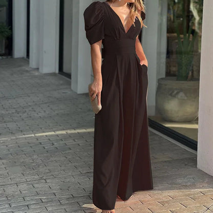 Dames Jumpsuit met Pofmouwen en Tailleband – Elegante Zomerstijl