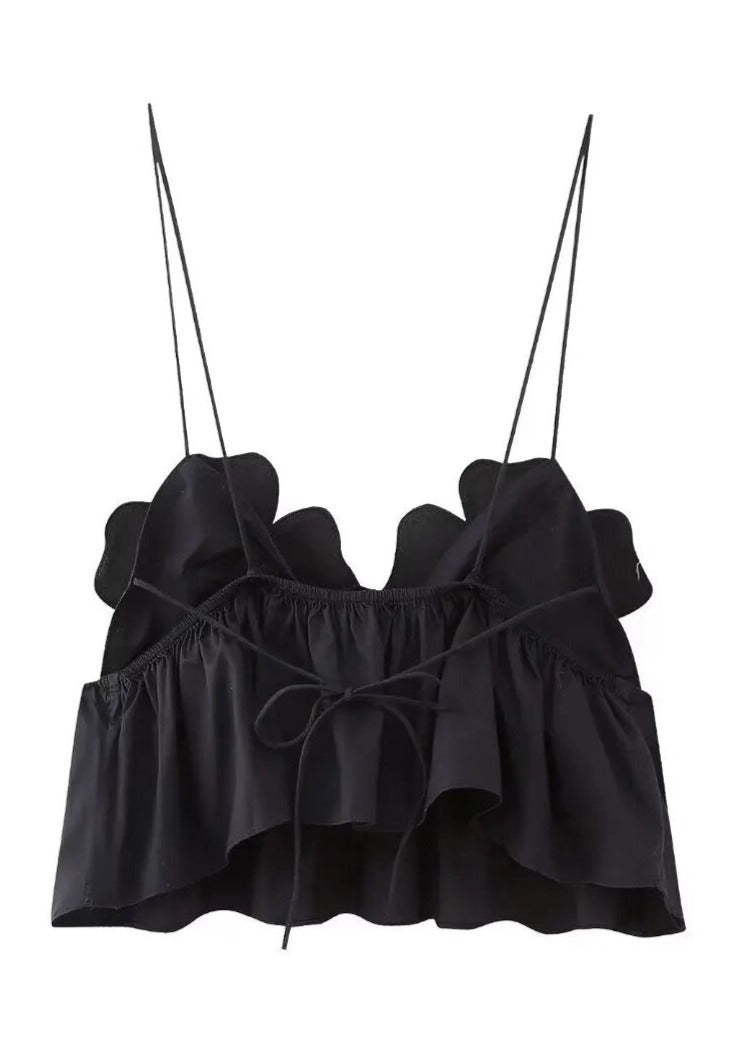 Gabi | Zwarte Crop Top met Bloemen Details