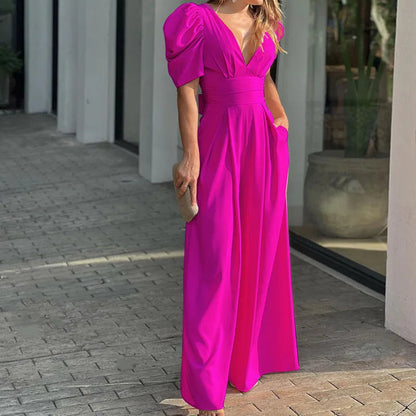 Dames Jumpsuit met Pofmouwen en Tailleband – Elegante Zomerstijl