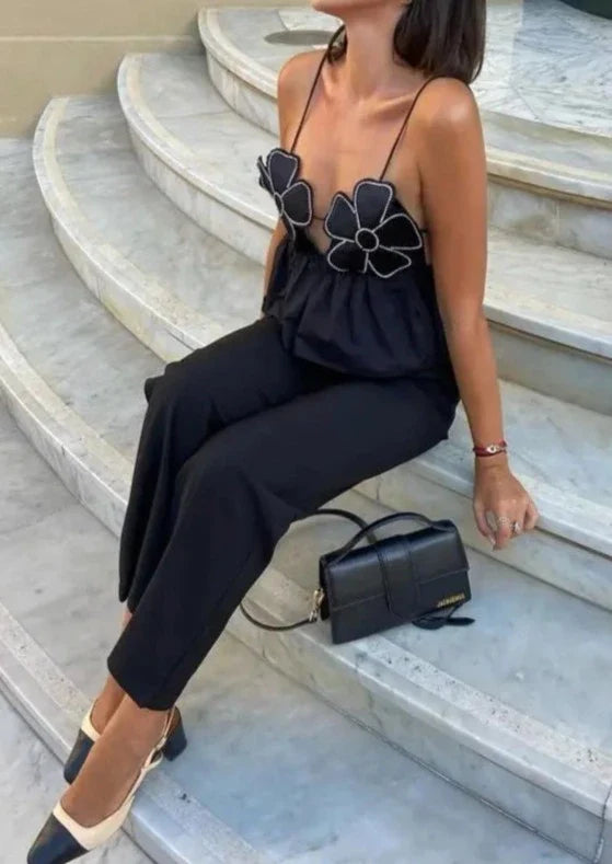 Gabi | Zwarte Crop Top met Bloemen Details