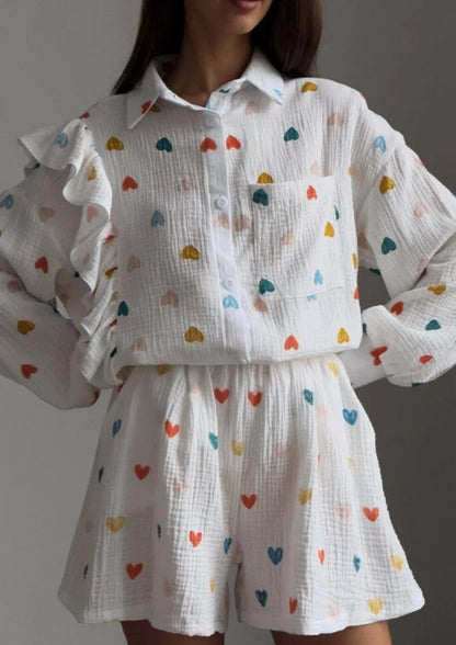 Jenika | Loungewear Set van Katoen met Hartjes Print - Zomers & Stijlvol