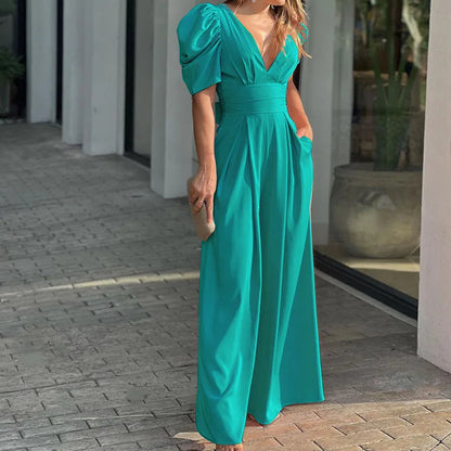 Dames Jumpsuit met Pofmouwen en Tailleband – Elegante Zomerstijl