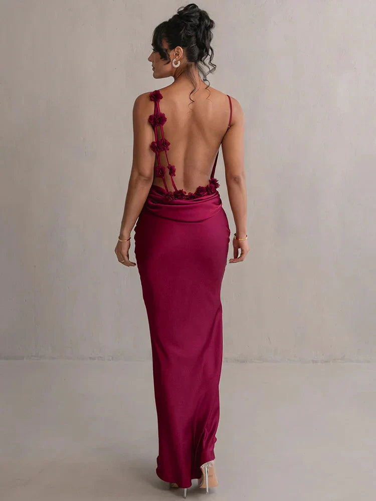Satijnen Maxi Jurk Met Bloemen Bandjes