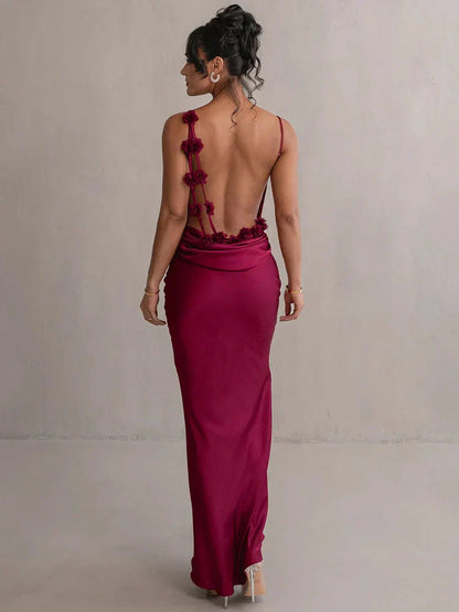 Satijnen Maxi Jurk Met Bloemen Bandjes