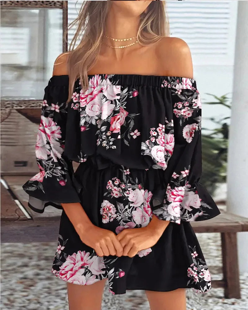 Roccio | Off Shoulder Mini Jurk met Bloemenprint
