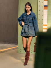 Sana | Denim Polo Jas Dames - Casual Met Zakken en Ceintuur