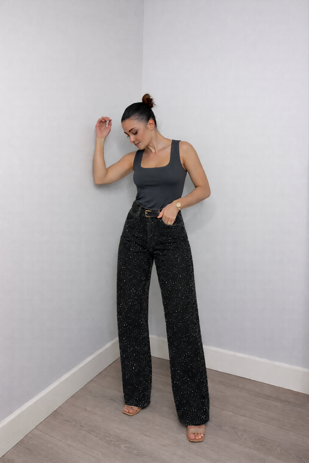 Sanay | Rechte High‑Waist Jeans met Glitter Details