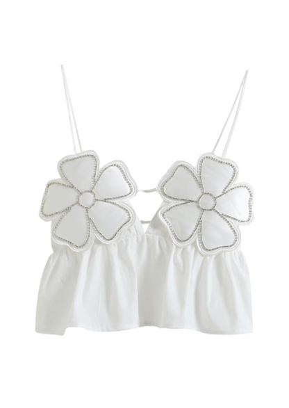 Junia | Witte Crop Top met Bloemen & Strass Details