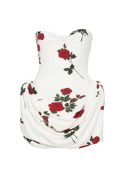 Fortuna | Witte Mini Jurk met Rozenprint – Stretch & Drape