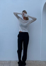 Rylee | Rib Gebreide Top met Ladder Design en Lange Mouwen