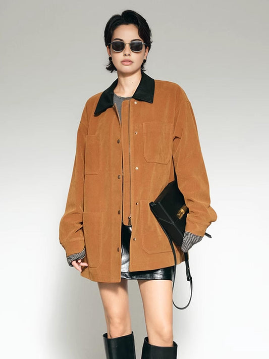 Monde | Oversized Winterjas Dames - Suède met Contrastkraag, Lichtgewicht