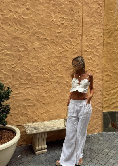 Junia | Witte Crop Top met Bloemen & Strass Details