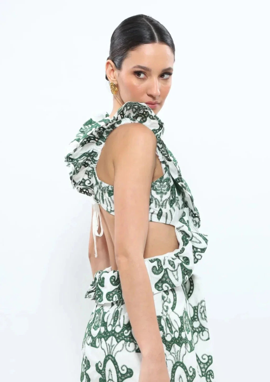 Amalia | Lange Katoenen Zomerjurk met Open Rug – Wit-Groen