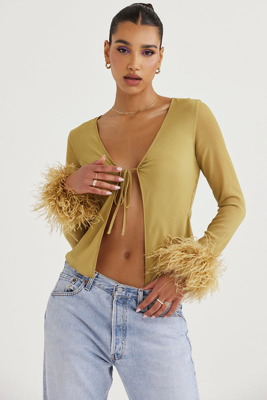 Breezy | Elegante V-hals Top met Strik en Veren Accenten