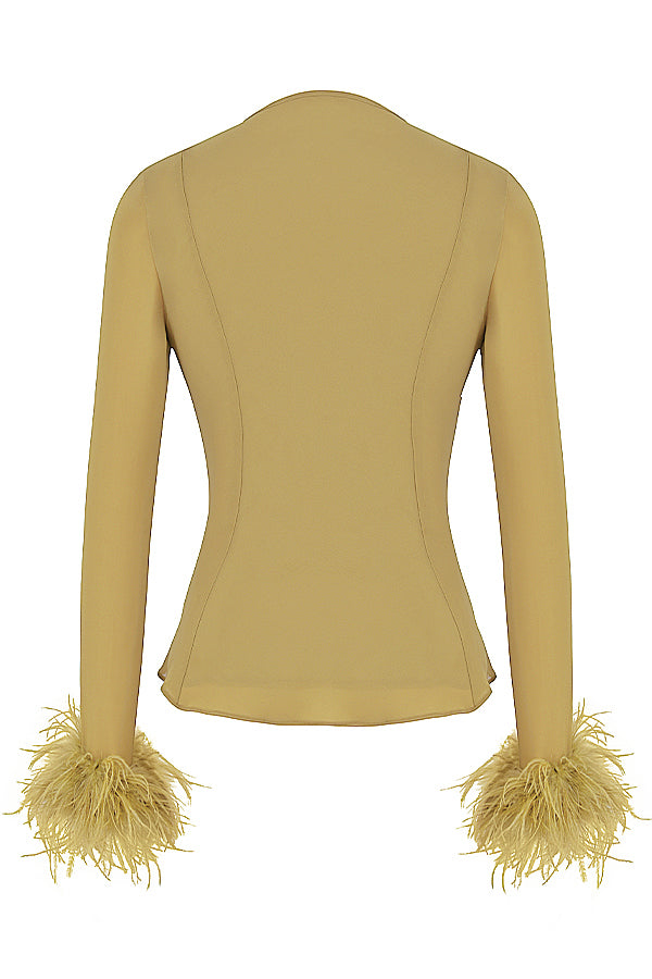 Breezy | Elegante V-hals Top met Strik en Veren Accenten