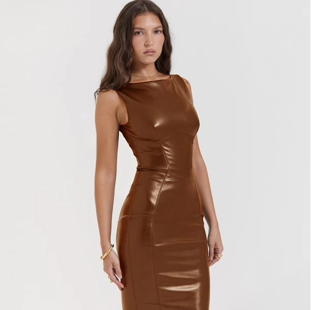Vegan Leren Maxi Jurk - Bodycon Stijl