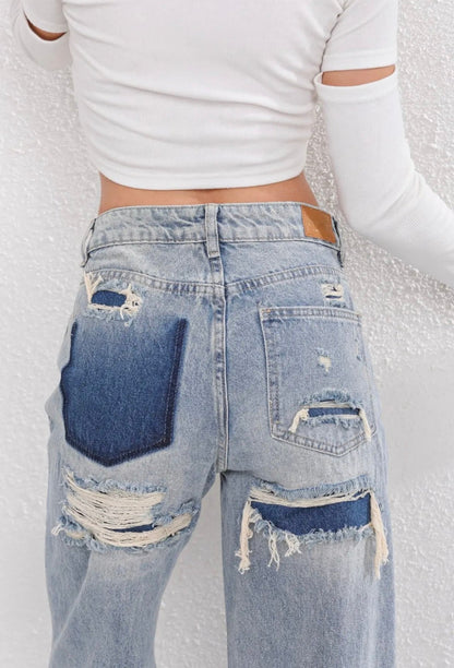 Burgina | Vintage Ripped Jeans met Uniek Patchwork Detail