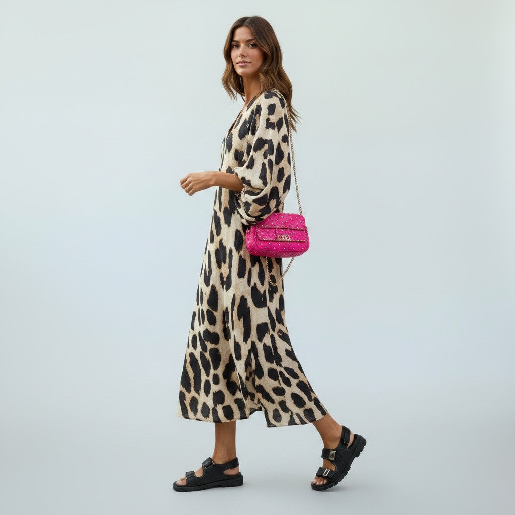 Nadia | Panterprint Midi Jurk - Trendy, Comfortabel, Flatterend Silhouet