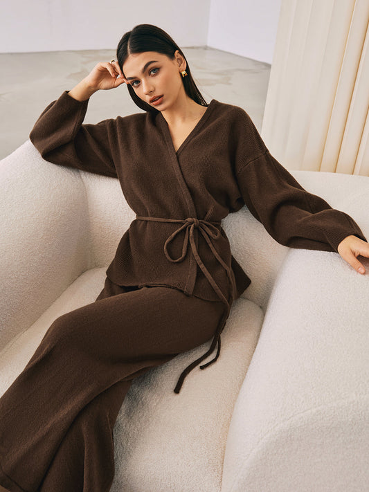 Girona | Dames Sweater Pants Set - Gebreide Stoffen Mix met Ceintuur