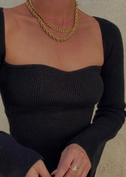 Joy-Ann | Zwarte Gebreide Body Top met Vierkante Hals