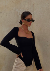 Joy-Ann | Zwarte Gebreide Body Top met Vierkante Hals