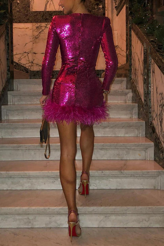 Willa | Feestjurk Dames - Pailletten en Veren, Elegante Lange Mouwen 3